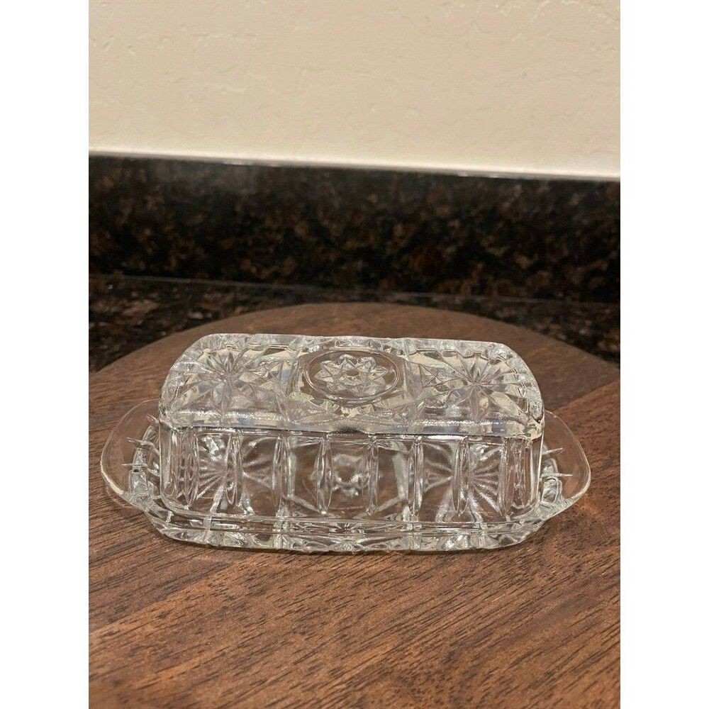 Vintage Anchor Hocking Clear Cut Glass Butter Dish 912-d